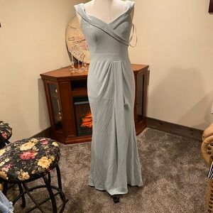David's Bridal Blue and Green Ruched Tiered Gown
